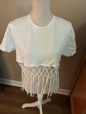Zara White Cropped Fringe Tee